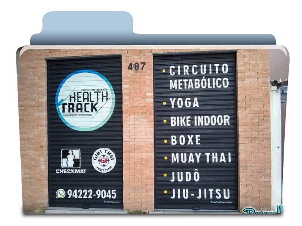 Letreiros em porta de ao academia Healt track