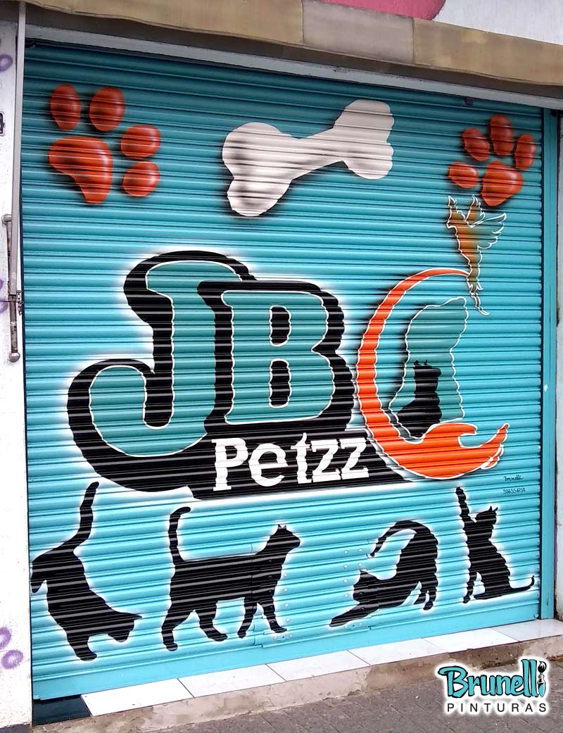 pintura de letreiro em porta de ao Pet Shop JB