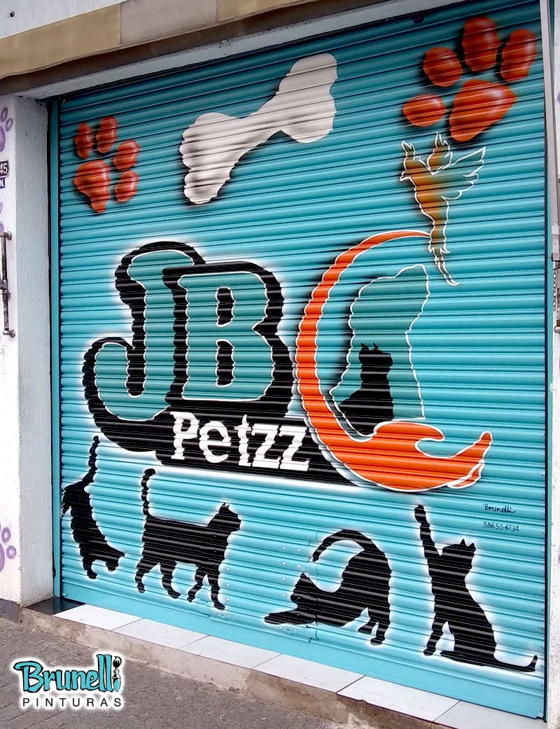 pintura de letreiro em porta de ao Pet Shop JB