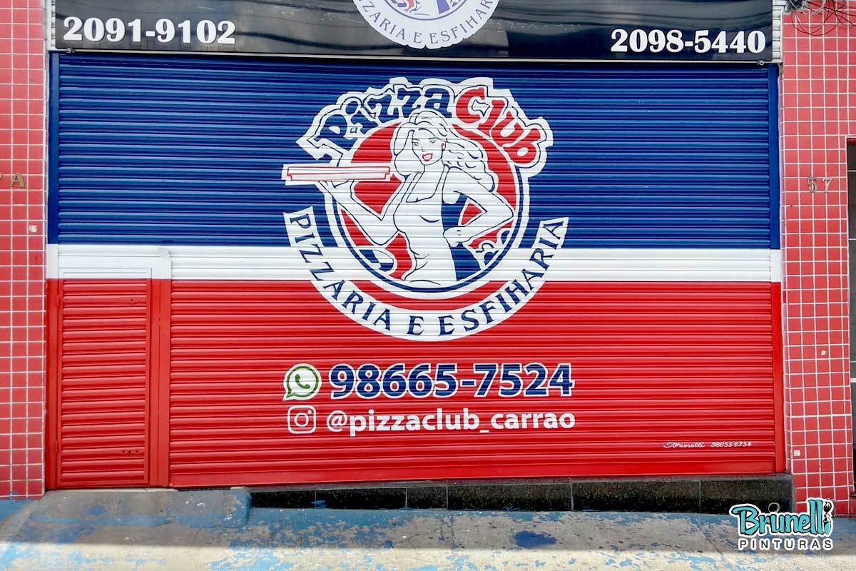 Pintura de logotipo e logomarca em portas de enrolar pizza club